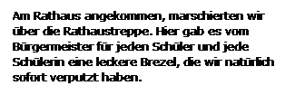 Textfeld: Am Rathaus angekommen, marschierten wir ber die Rathaustreppe. Hier gab es vom Brgermeister fr jeden Schler und jede Schlerin eine leckere Brezel, die wir natrlich sofort verputzt haben.
